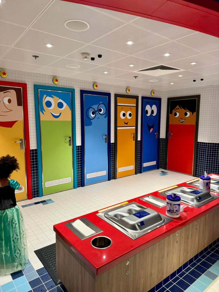 Brightly colored doors themed after various Disney characters.
